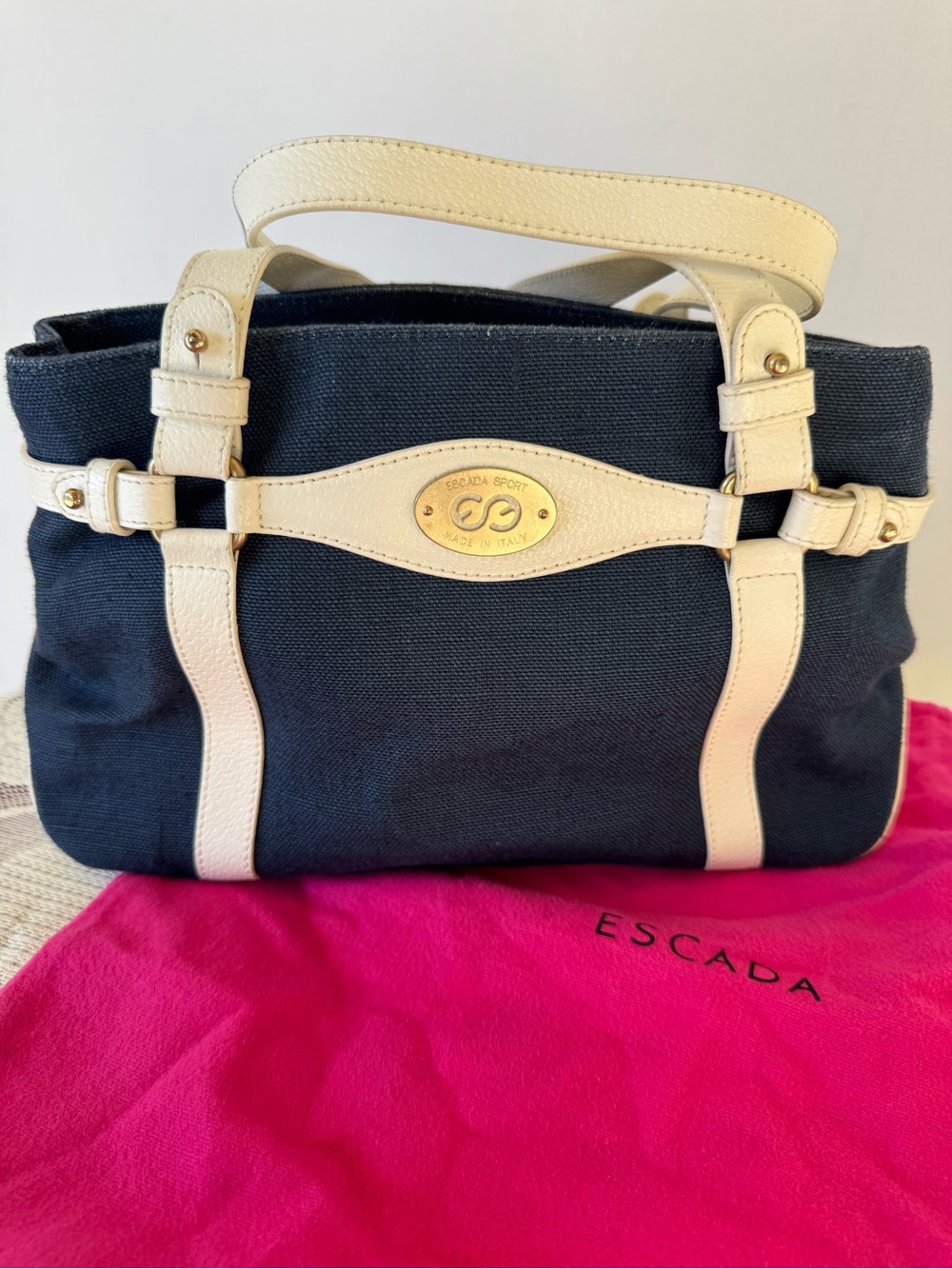 Escada Vintage Navy Canvas Tote with Cream Leather Trim